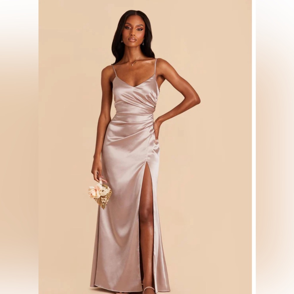 Taupe shiny satin bridesmaid dress